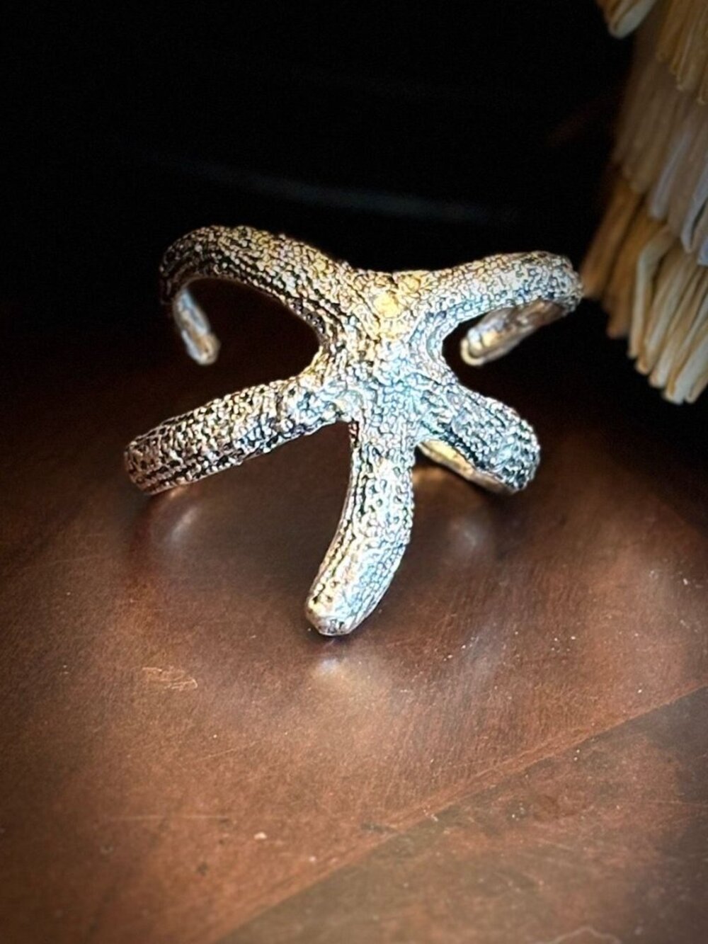 Vintage Silver Tone Starfish Statement Cuff Bracelet Heavy Textured Brutalist Bo